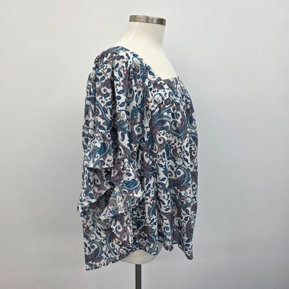 NWT Terra & Sky Peasant Top Paisley Print Ruffle Sleeve Plus 3X Blue Square Neck - Picture 2 of 15
